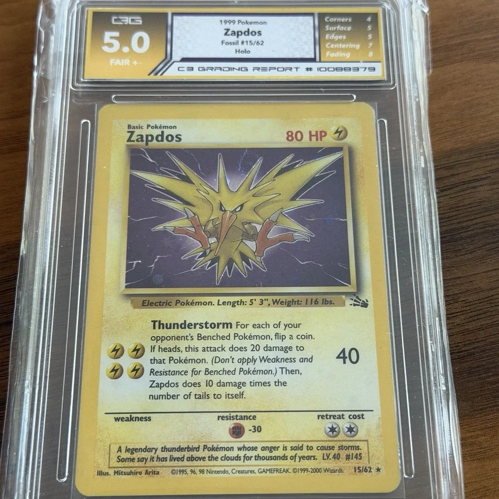 Pokemon TCG Zapdos 15/62 Fossil Holo Rare Unlimited 1999 English C3 Grading 5